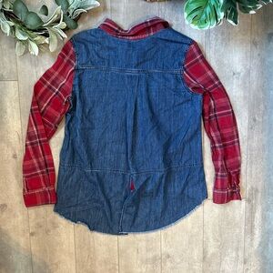 Free People Plaid Flannel + Denim Button Up Shirt Fringe Hem Women’s Size Small